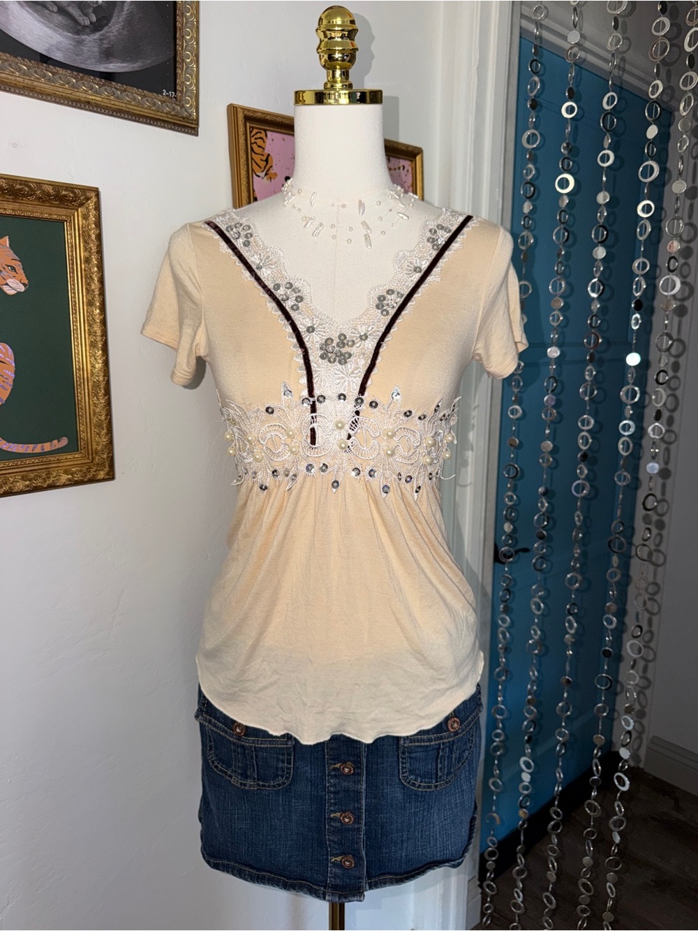 Vintage Y2K Embellished Cream Short Sleeve Women's Top